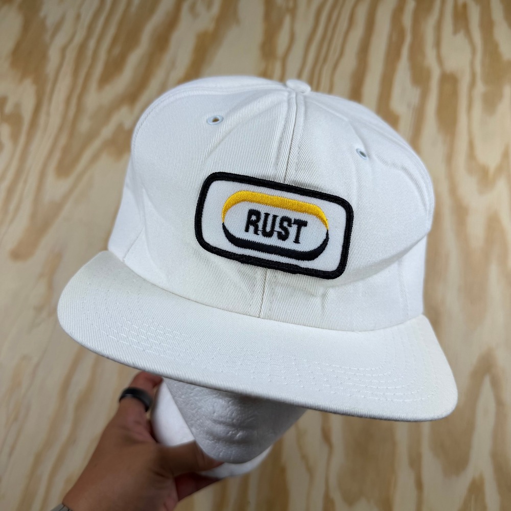 Vintage Caterpillar CAT Rust Patch Snapback Hat White Tomkin Made in USA Trucker